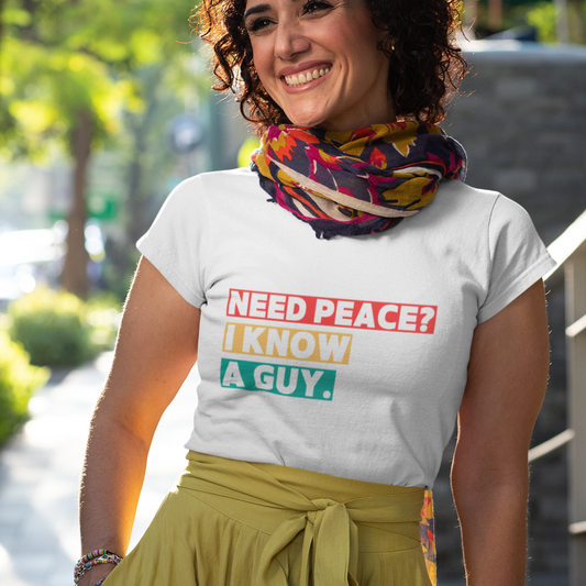 Christian Faith Unisex Tee | Need Peace I Know a Guy Shirt | Jesus Conversation Starter, Gospel Witness Apparel, Religious Short Sleeve