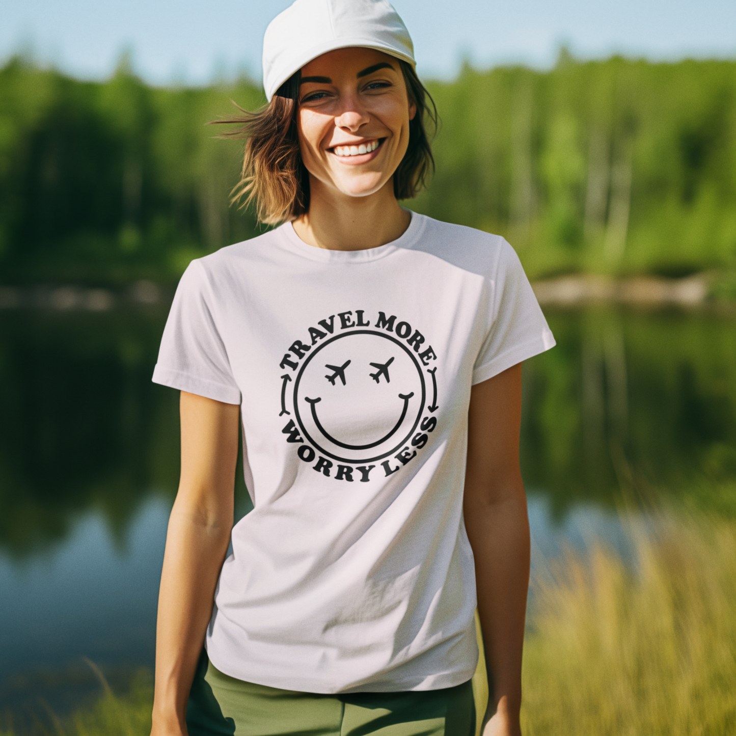 Travel More Worry Less Unisex Tee - Simple Minimalist Happy Face Design