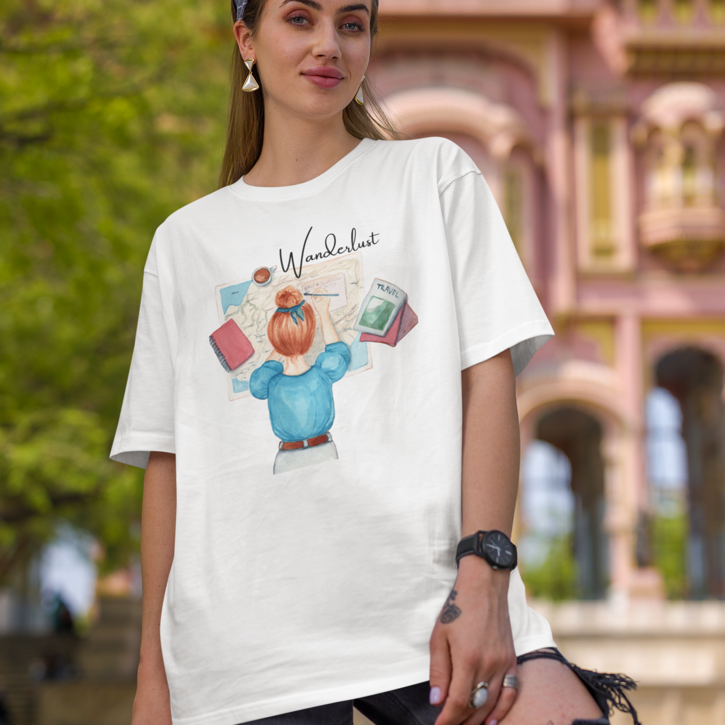 Wanderlust Traveling Girl Watercolor Women's T-Shirt